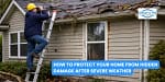Home inspector checking roof damage after severe storm using ladder and safety gear