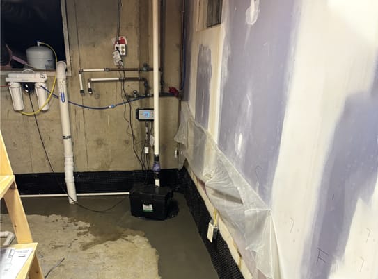 Wet basement showing water seepage, mold, and foundation cracks